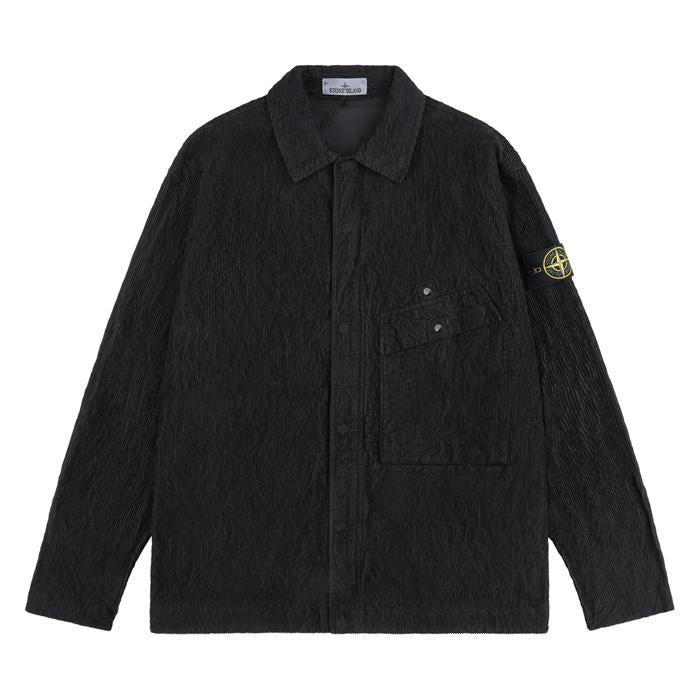 STONE ISLAND Corduroy Shirt with Logo Patch Black Long Sleeve Men