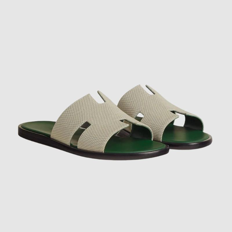 HERMES Izmir Calfskin Fabric Two-Tone Green Sandals for Men