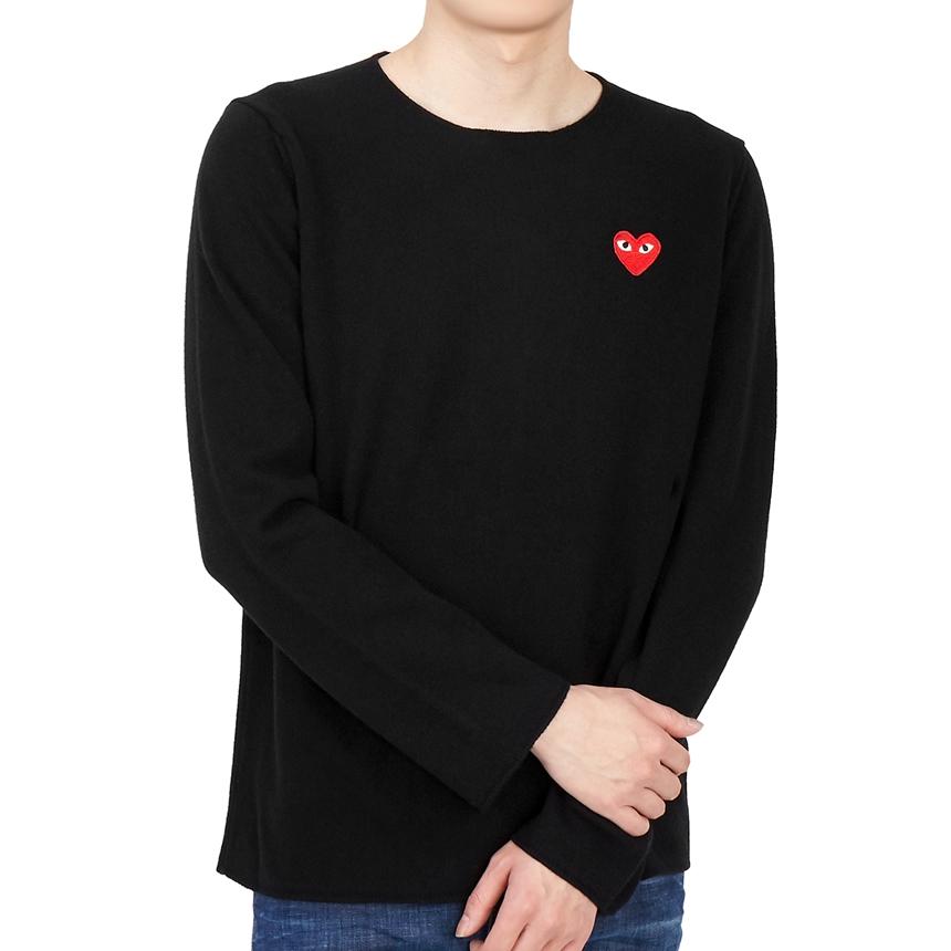 Comme des Garcons Men's Crewneck Knit Sweater Red Logo Patch AZ N068 051 1