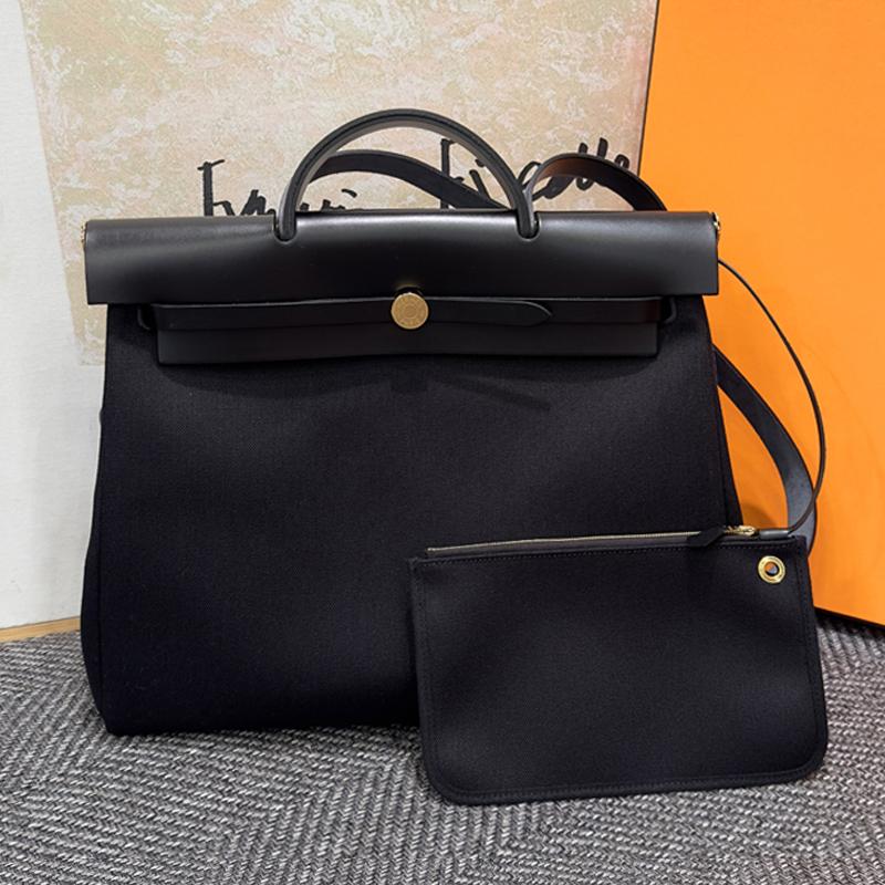HERMES Black Canvas Herbag 39 Shoulder Tote Bag Gold Hardware