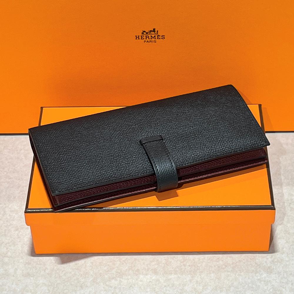 HERMES Epsom Leather Bearn Long Wallet Black Burgundy Two-Tone Gold HW