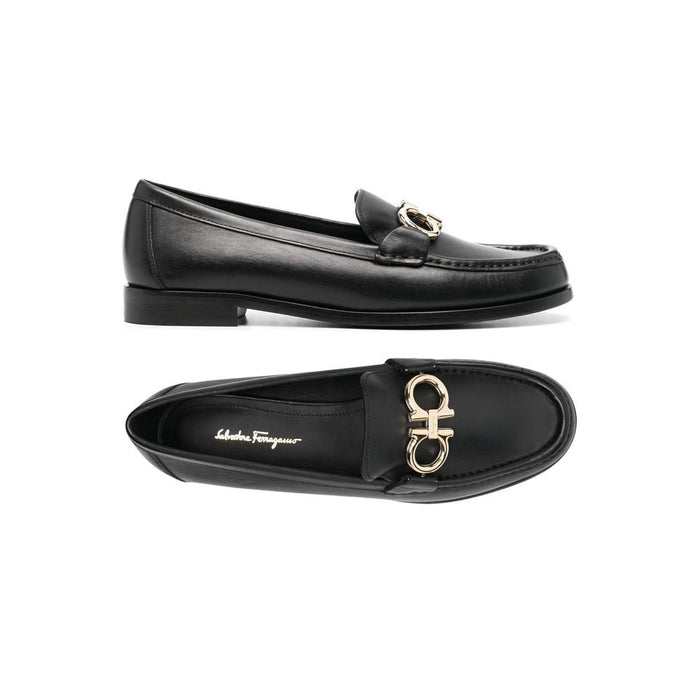 Ferragamo Black Leather ROLO Double Gancini Loafers 0728415