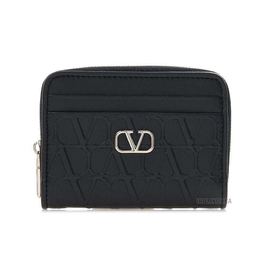 VALENTINO V Logo Signature Leather Compact Wallet Black