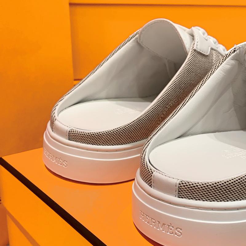 HERMES Canvas Calfskin Keep Sneaker Mules White Beige