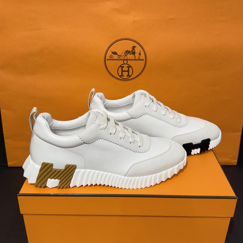 HERMES White Leather Two-Tone Brown Black H Logo Low-Top Sneakers