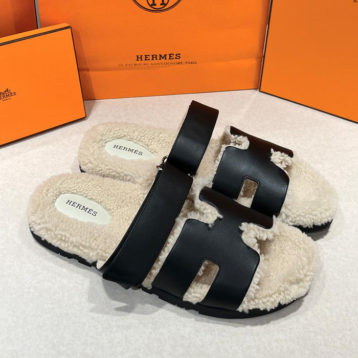 HERMES Shearling Cipre Sandals Suede Goatskin Black Ivory Men