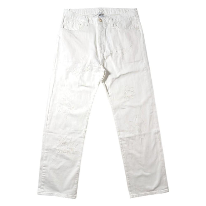 Wild Donkey Scribbles Embroidered Classic White Denim Jeans Unisex