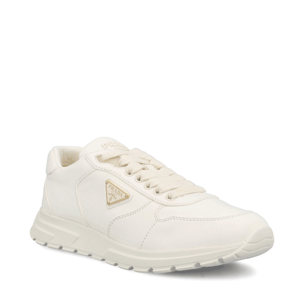 PRADA White Leather Low-Top Sneakers with Gold Triangle Logo Women 1E0210