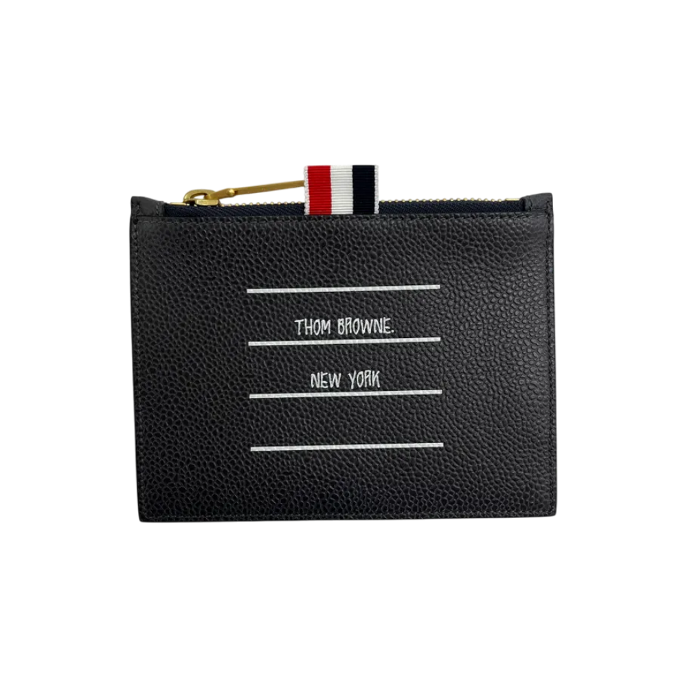 THOM BROWNE Charcoal Leather Card Holder with Tricolor Tab and Logo