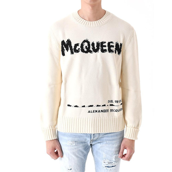 Alexander Mcqueen Logo Graffiti Ivory Crewneck Knit Sweater for Men