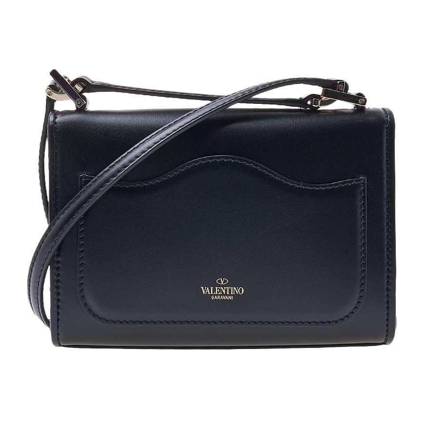 VALENTINO Garavani Signature V Logo Leather Shoulder Bag Black