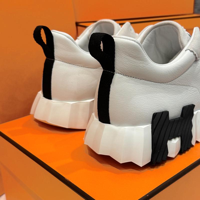 HERMES White Leather Bouncing Low-Top Sneakers with Black H Logo