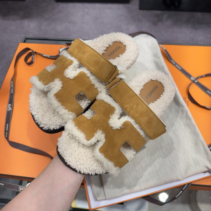 HERMES Shearling Chypre Sandals Suede Goatskin Wool Natural Ecru Men