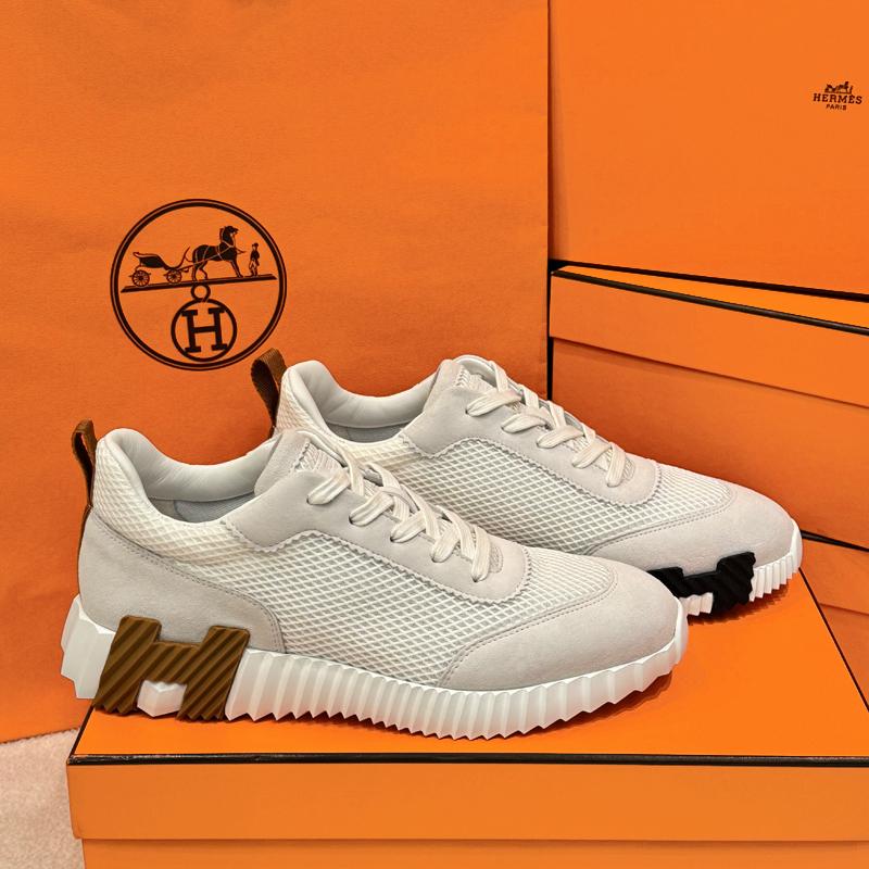 HERMES White Mesh H Brown Black Low Top Sneakers