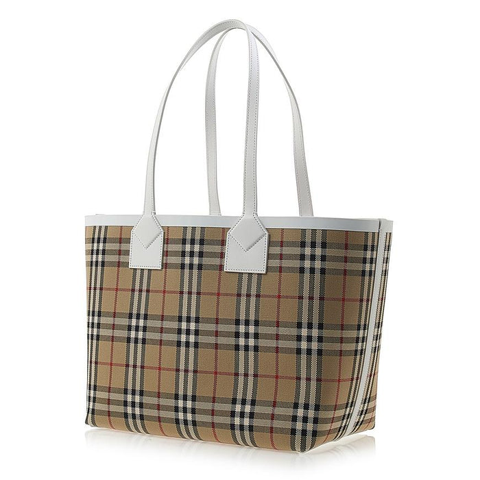 BURBERRY Medium London Tote Bag Beige Canvas Leather Trim