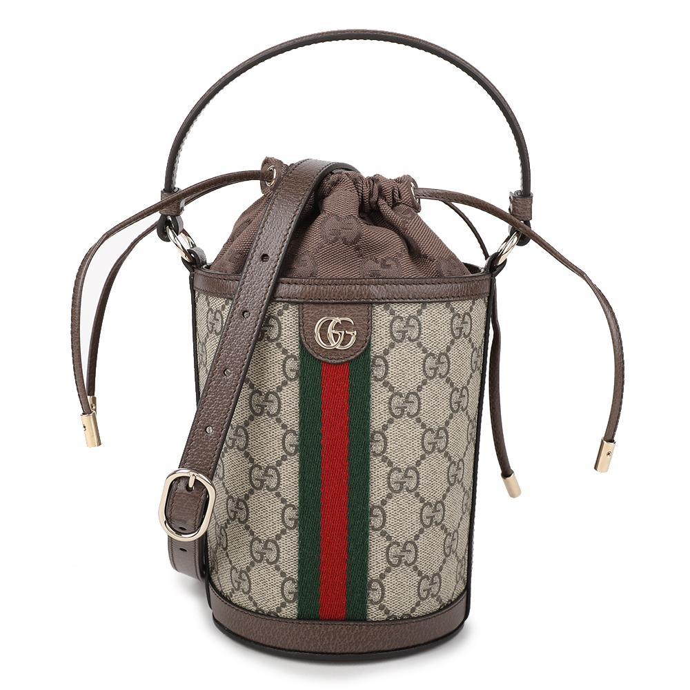 GUCCI Ophidia Mini Bucket Bag Brown Canvas Leather Shoulder Bag