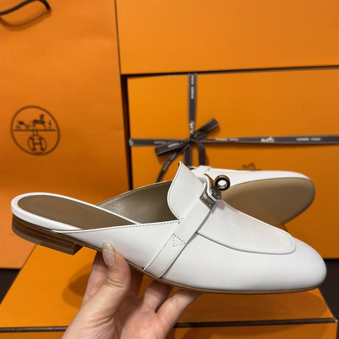HERMES Oz Kelly Mule Slippers White Silver-Tone Hardware Sandals