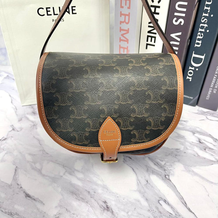 CELINE Triomphe Canvas Calfskin Tan Folco Crossbody Bag