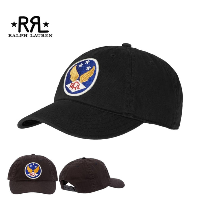 RRL Garment Dyed Black Winged Logo Cotton Baseball Cap