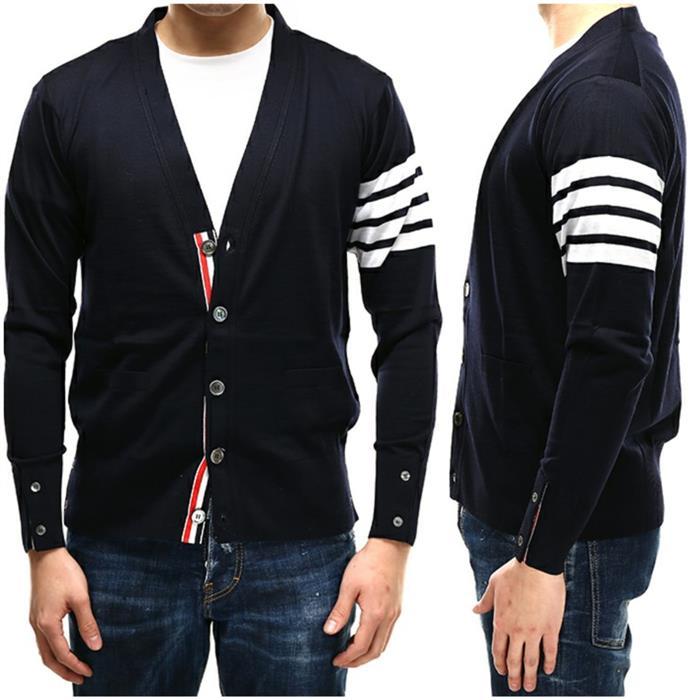THOM BROWNE Classic Merino Wool Diagonal Stripe Cardigan Navy Men