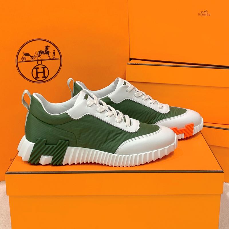 HERMES Men’s Bouncing Ripstop Fabric Two-Tone Khaki Orange Low-Top Sneakers