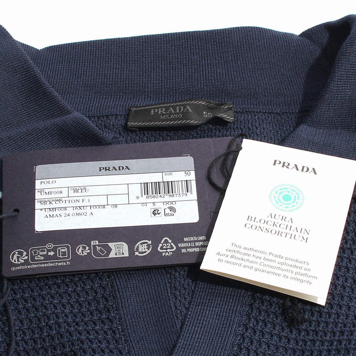 PRADA Navy Silk Cotton Knit Polo Shirt with Embroidered Logo