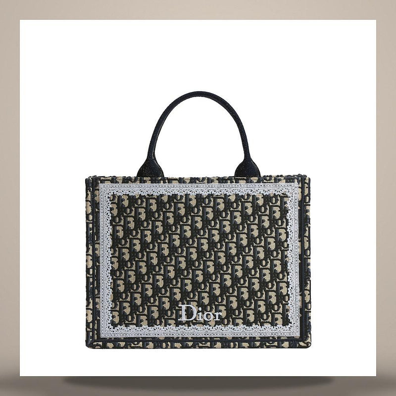 DIOR Blue Oblique Embroidered Book Tote Strap Bag Medium White La M1354PEHT M928