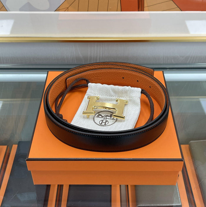 HERMES Reversible Belt Black/Orange Matte Gold Buckle 32mm