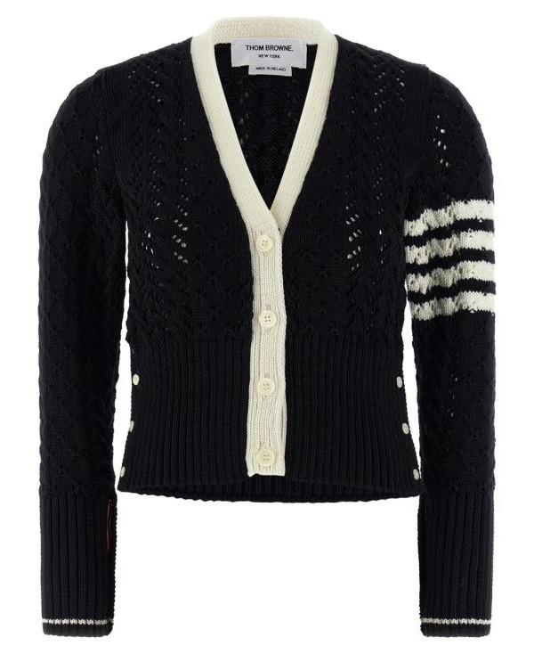 THOM BROWNE Cable Pointelle Stitch Merino Wool 4-Bar Cardigan FKC675A Y1024 415