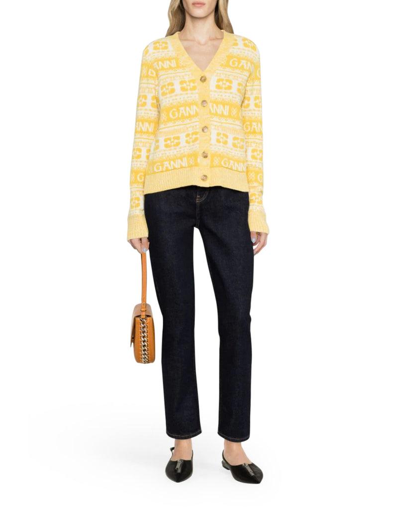 GANNI Women’s Logo Wool V-Neck Cardigan Yellow