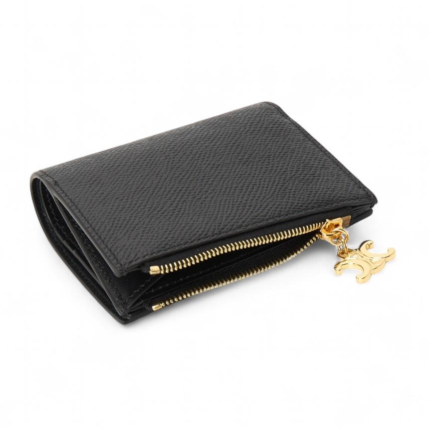 CELINE Triomphe Charm Small Bifold Wallet Black Leather Women