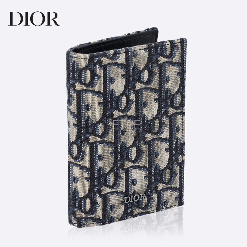 DIOR Oblique Bifold Card Holder Wallet Navy Canvas Leather