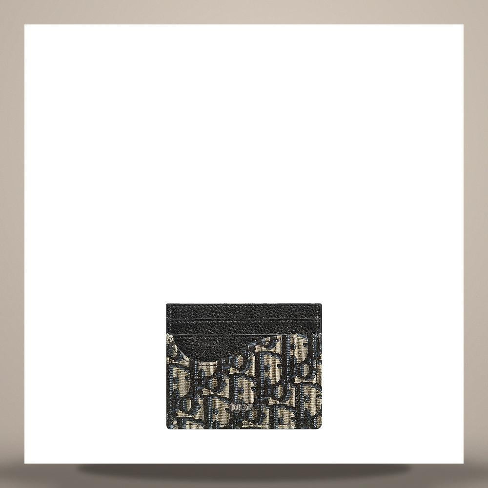 DIOR Black Grained Calfskin Saddle Card Holder Beige Black Oblique Jacquard