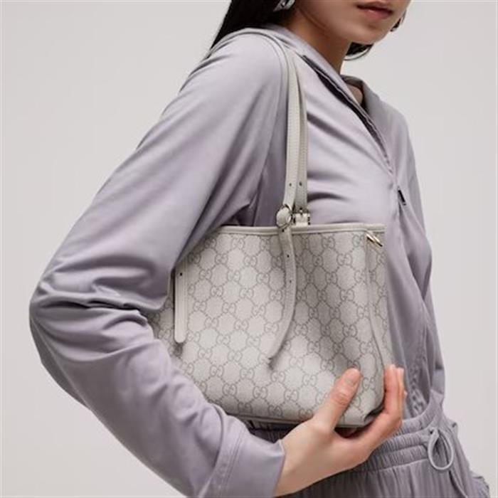 GUCCI GG Emblem Small Tote Bag Gray Leather Shoulder Bag