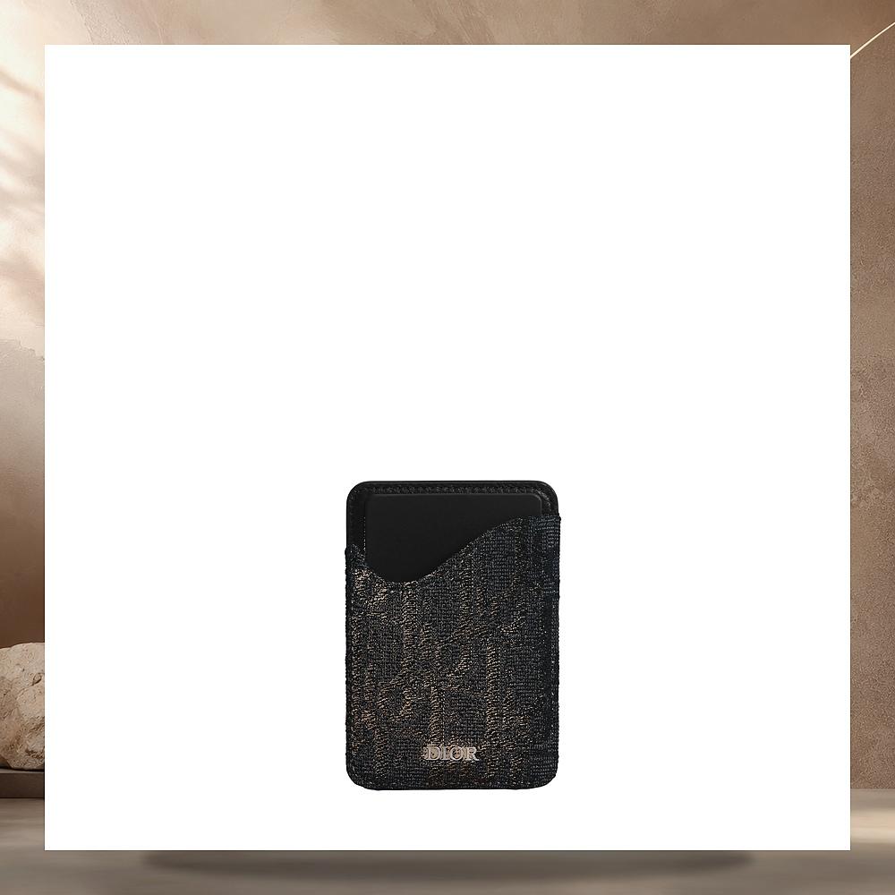 DIOR Black Grained Calfskin Saddle Magnetic Card Holder Dior Oblique Jacquard