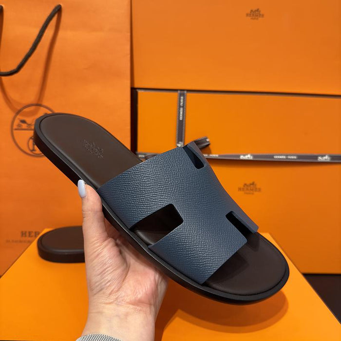 HERMES Izmir Two-Tone Green Blue Deep Brown Leather Slippers