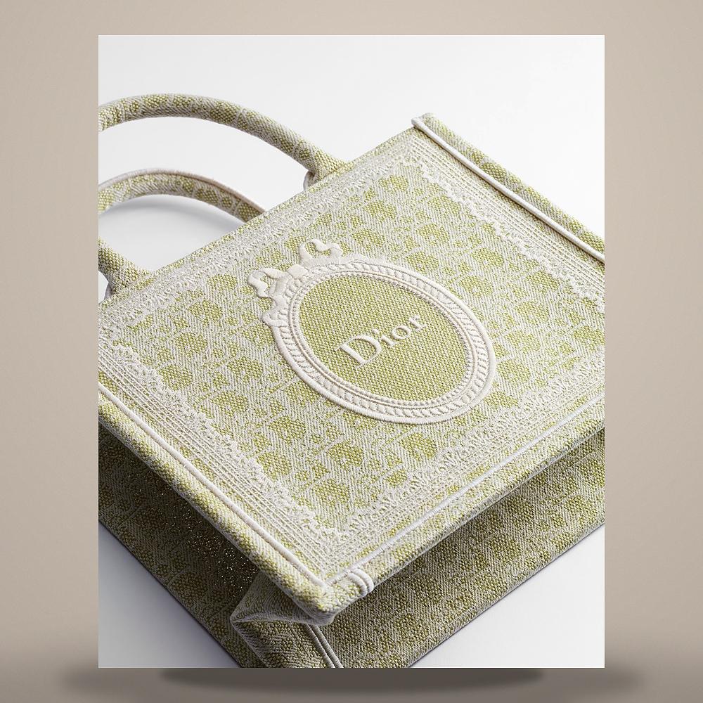 DIOR Book Tote Small Green Oblique Washed Embroidered Ecru Medallion Tote