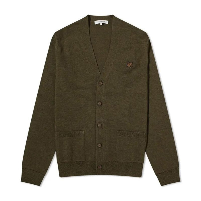 Maison Kitsune Fox Head Cardigan Khaki Wool Men's Knit