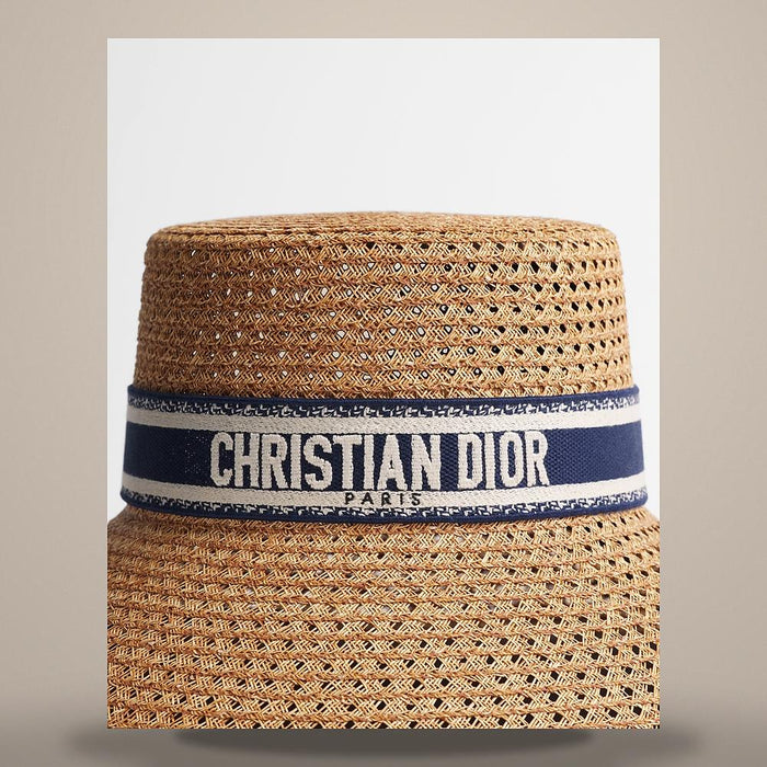 DIOR Blue White Embroidered Band Wide Brim Straw Cap