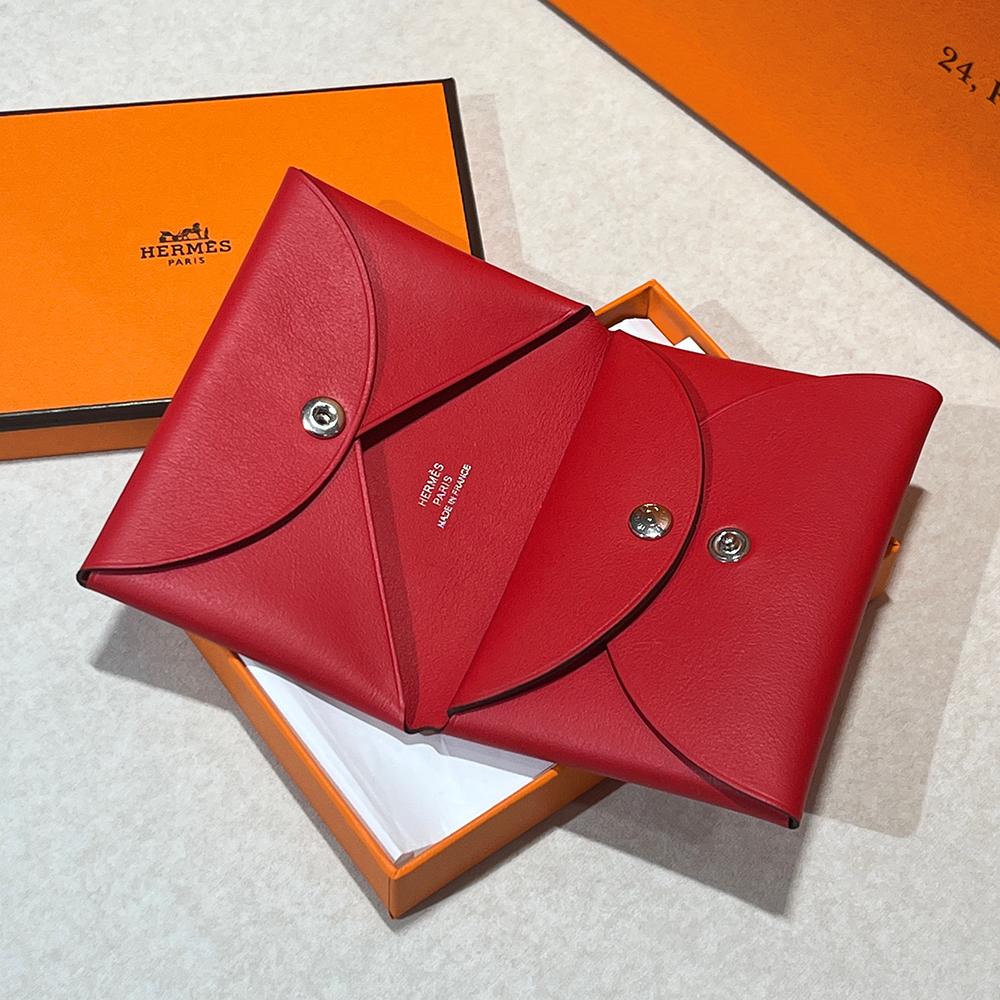 HERMES Red Swift Leather Calvi Duo Compact Card Holder Palladium Hardware
