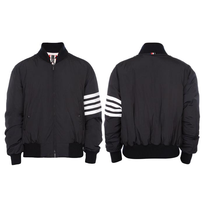 THOM BROWNE Diagonal Stripe Nylon Bomber Down Jacket Navy