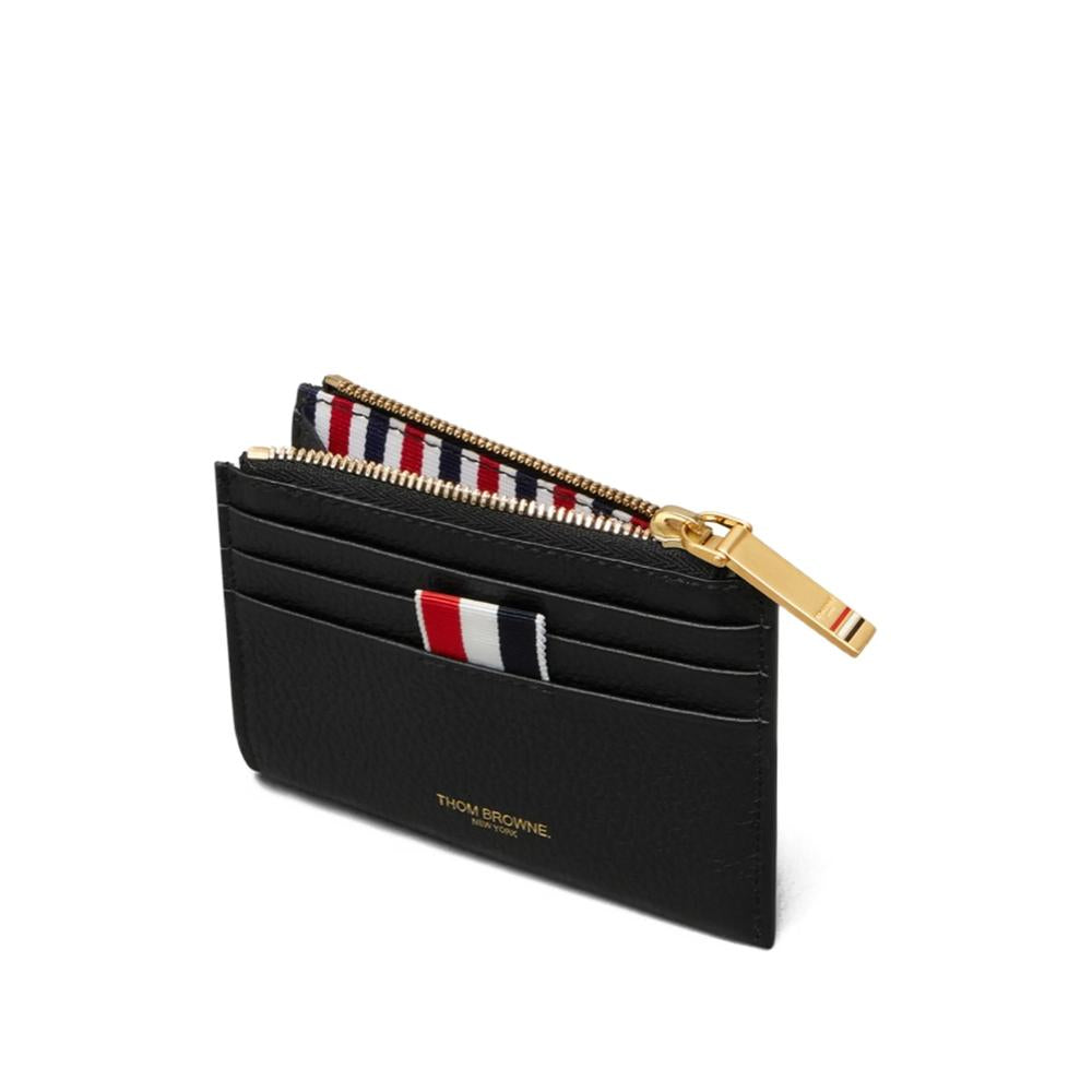 THOM BROWNE Black Pebbled Leather Card Holder Wallet
