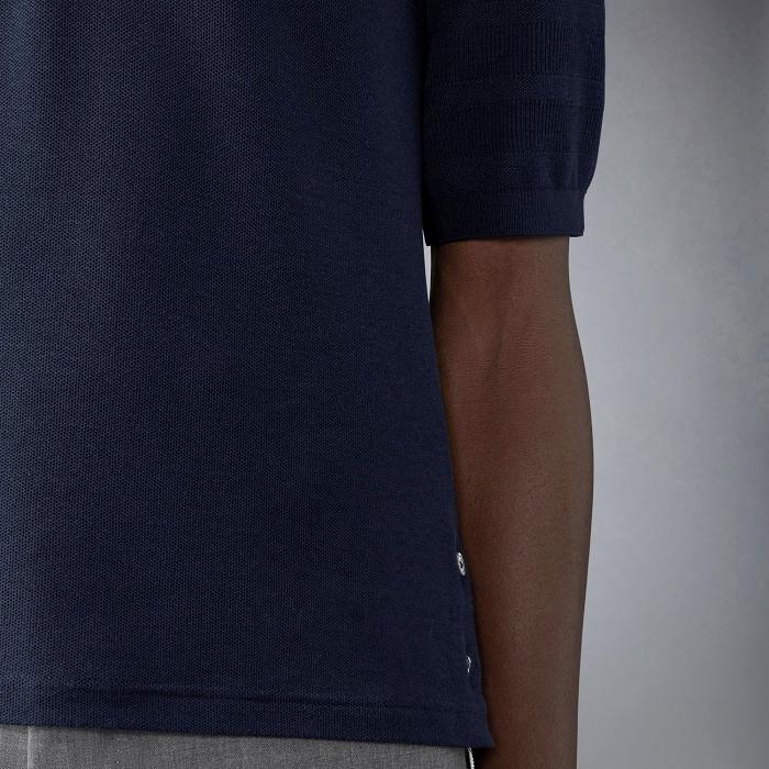 THOM BROWNE Silk Piqué Pocket Polo Shirt Navy Men
