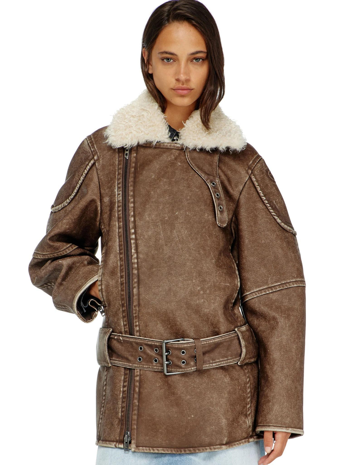 DIESEL Brown Shearling Mouton Leather Jacket