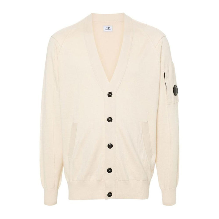 CP Company Lens Logo Patch Cardigan Cream Knit Men's
