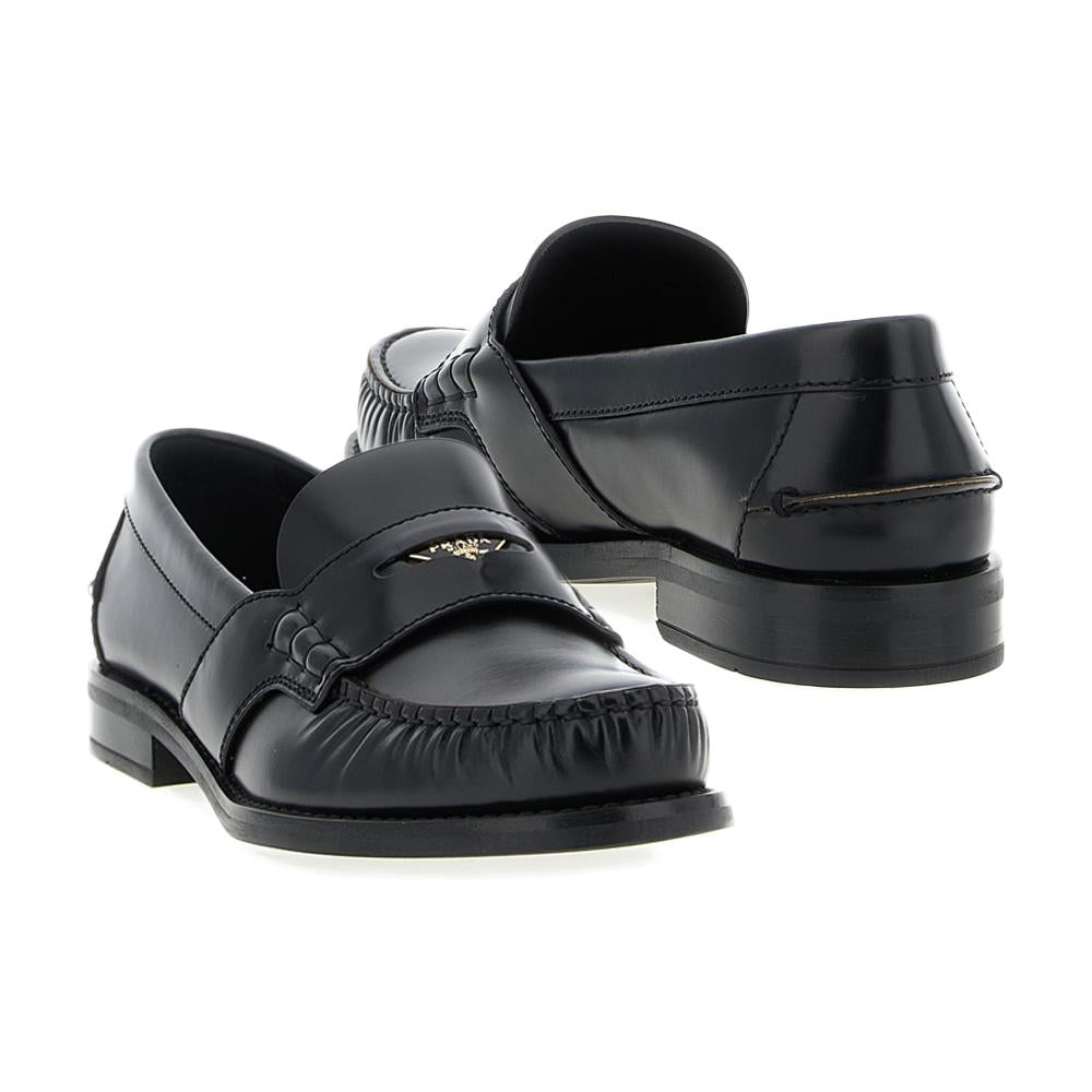 PRADA Brushed Leather Triangle Logo Penny Loafers Black