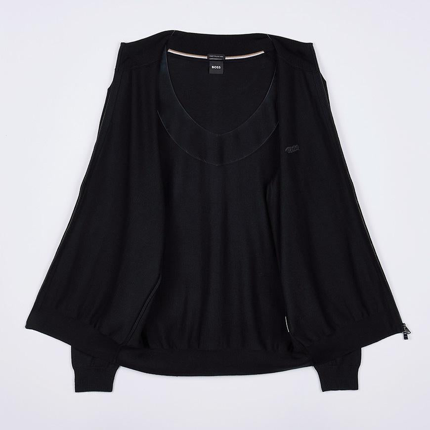 HUGO BOSS Men’s Zip-Up Cardigan with Embroidered Logo Black Knit