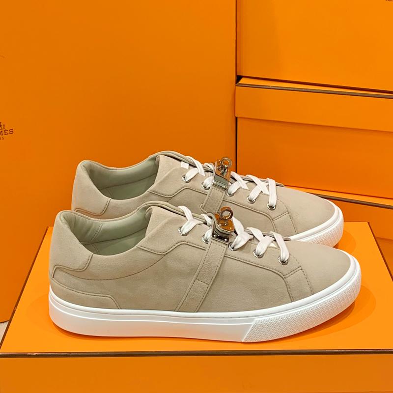 HERMES Brown Calfskin Low-Top Sneakers with Rose Gold Kelly Buckle