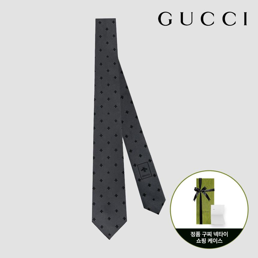 GUCCI Bee Pattern Silk Tie Gray