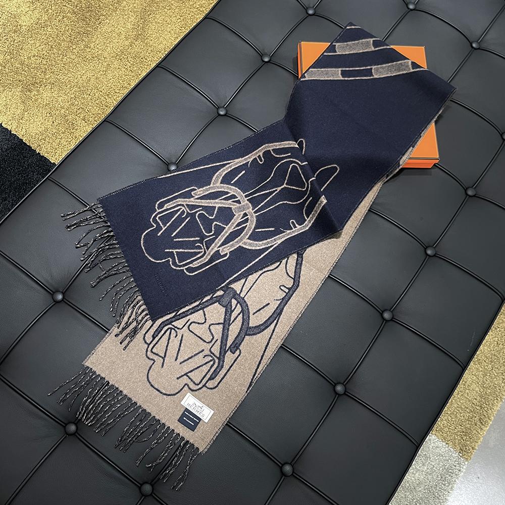 HERMES Cashmere Tête à Tête Equestre Scarf Marine Etoupe